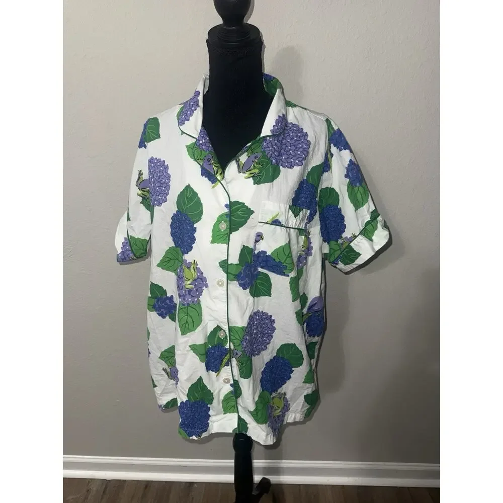 Printfresh Hydrangea Frog Pajama Short Set Green Piping Whimsical Cottagecore 1X